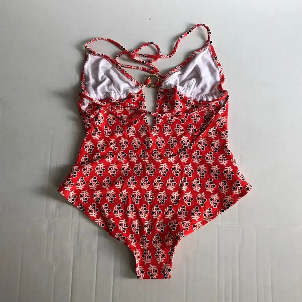 Tory Burch XS Hamadri Floral Swimsuit Red Orange One Piece Cutout Reg $250+ NWT